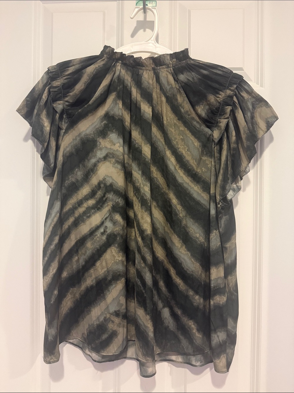 Sheer Ruffle-Sleeve Blouse in Olive and Black